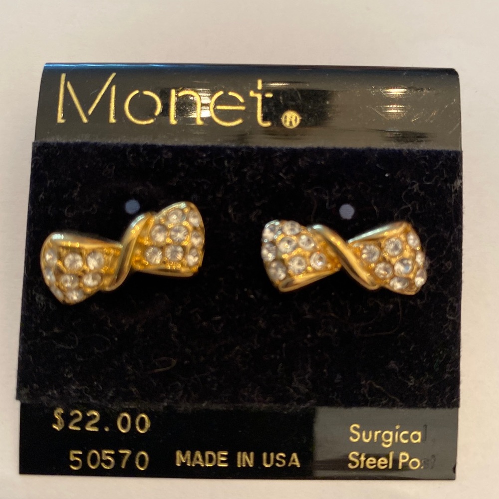 Monet signed pierce rhinestone gold tone bow earrings